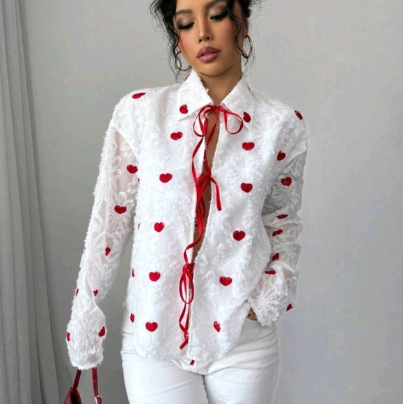 Valentine's Day Heart Cutout Tie Front Women Blouse, Red - Picture 4 of 4